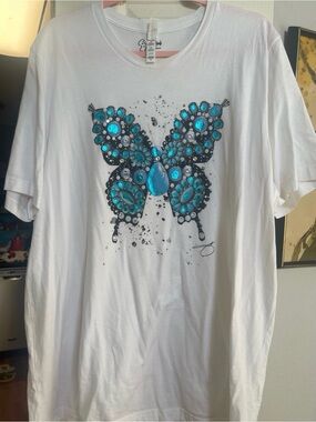 By Jody White Short Sleeve Tee with Turquoise Butterfly Embellishment